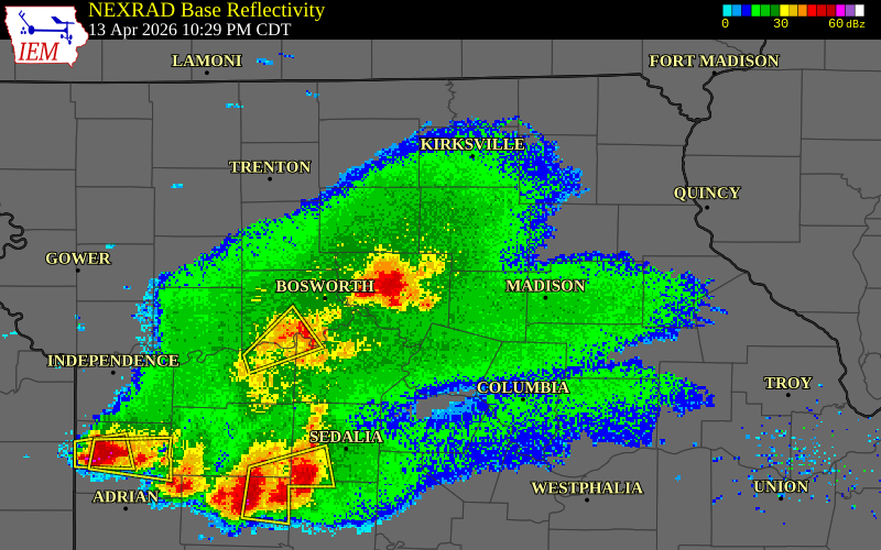 NEXRAD radar during the Monday, April 13, 2026 storm activity in Randolph County, Missouri