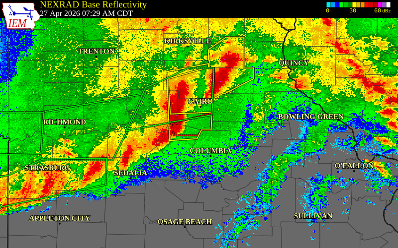 NEXRAD radar during the Monday, April 27, 2026 storm activity in Randolph County, Missouri