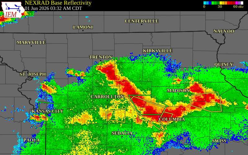NEXRAD radar during the Monday, June 1, 2026 storm activity in Randolph County, Missouri