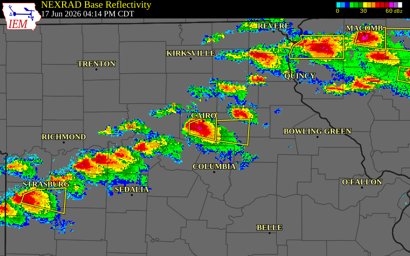 NEXRAD radar during the Wednesday, June 17, 2026 storm activity in Randolph County, Missouri