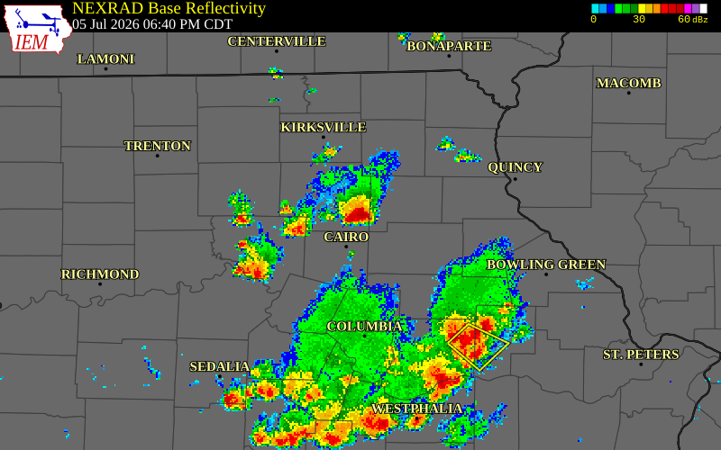 NEXRAD radar during the Sunday, July 5, 2026 storm activity in Randolph County, Missouri