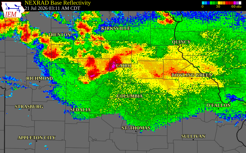 NEXRAD radar during the Tuesday, July 21, 2026 storm activity in Randolph County, Missouri