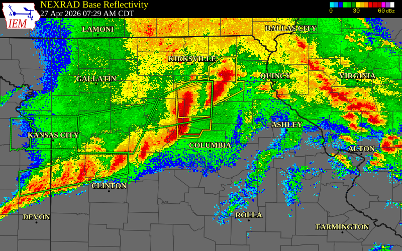 Radar snapshot during the Apr 27, 2026 tornado event near 3 ENE Higbee, Randolph County, Missouri, with NWS warning polygons