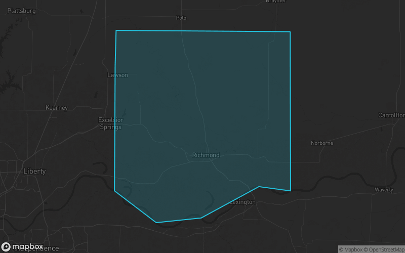Map of Ray County, Missouri showing the county boundary and surrounding cities