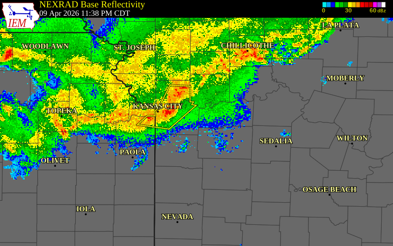 NEXRAD radar during the Thursday, April 9, 2026 storm activity in Ray County, Missouri