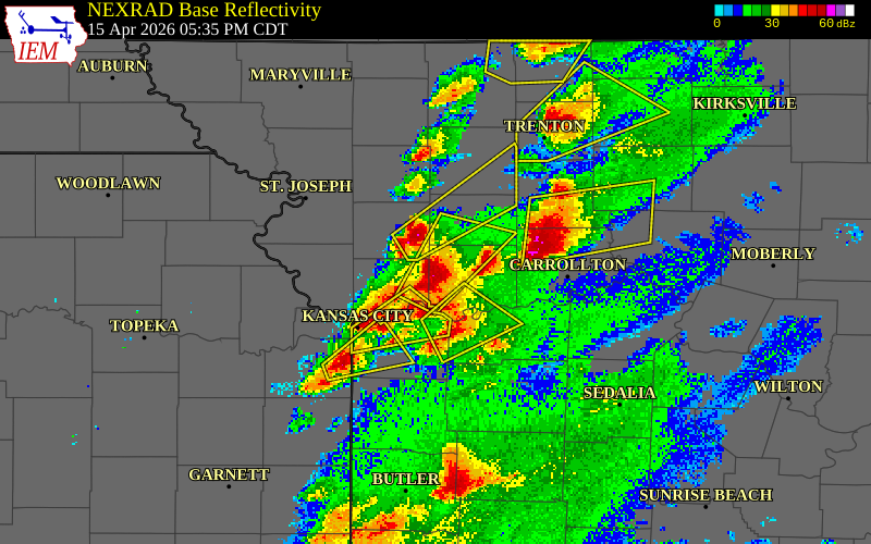 NEXRAD radar during the Wednesday, April 15, 2026 storm activity in Ray County, Missouri