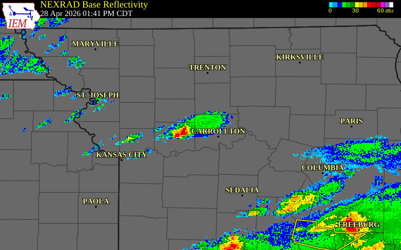 NEXRAD radar during the Tuesday, April 28, 2026 storm activity in Ray County, Missouri