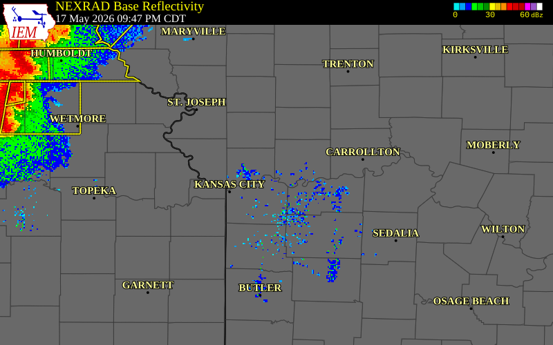 NEXRAD radar during the Sunday, May 17, 2026 storm activity in Ray County, Missouri