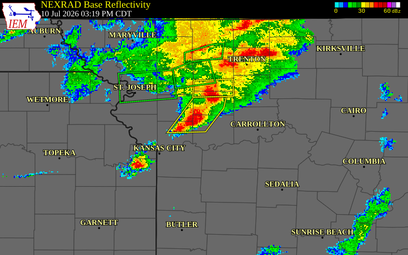 NEXRAD radar during the Friday, July 10, 2026 storm activity in Ray County, Missouri