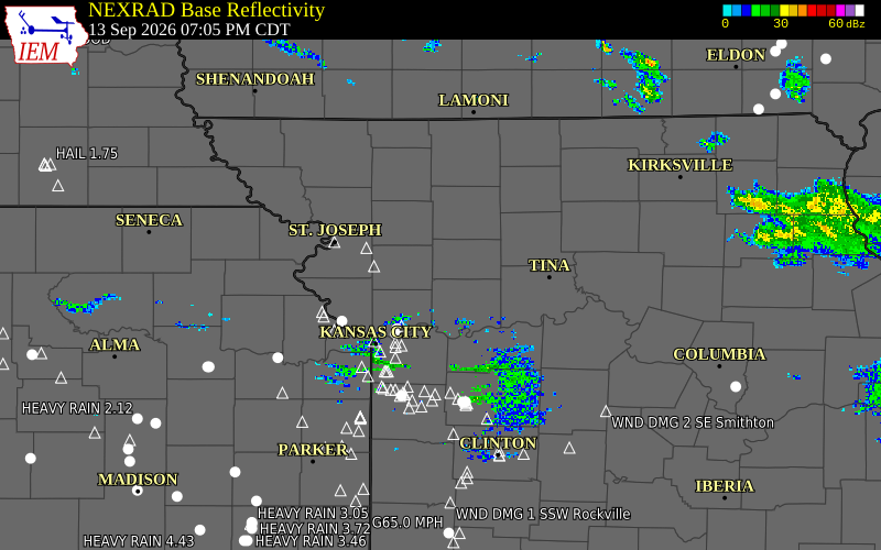 Current NEXRAD radar over Ray County, Missouri with recent storm report locations