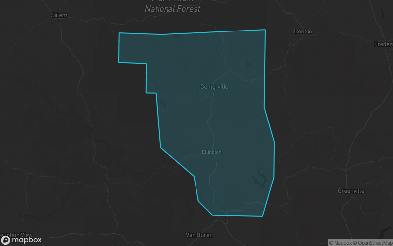 Map of Reynolds County, Missouri showing the county boundary and surrounding cities