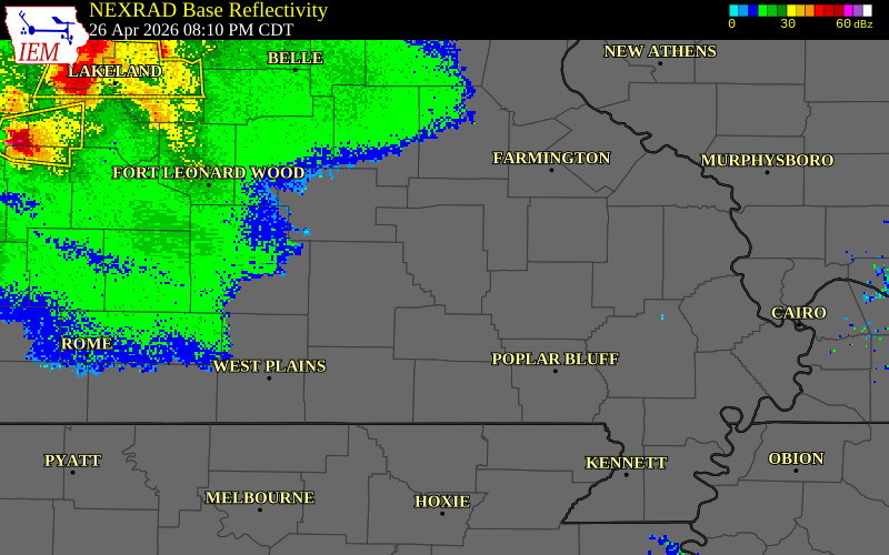 NEXRAD radar during the Sunday, April 26, 2026 storm activity in Reynolds County, Missouri