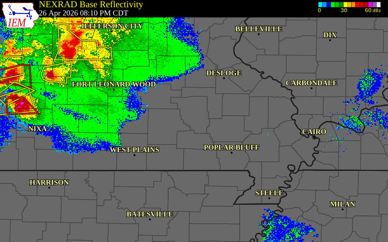 Radar snapshot during the Apr 26, 2026 wind event near Ellington, Reynolds County, Missouri, with NWS warning polygons