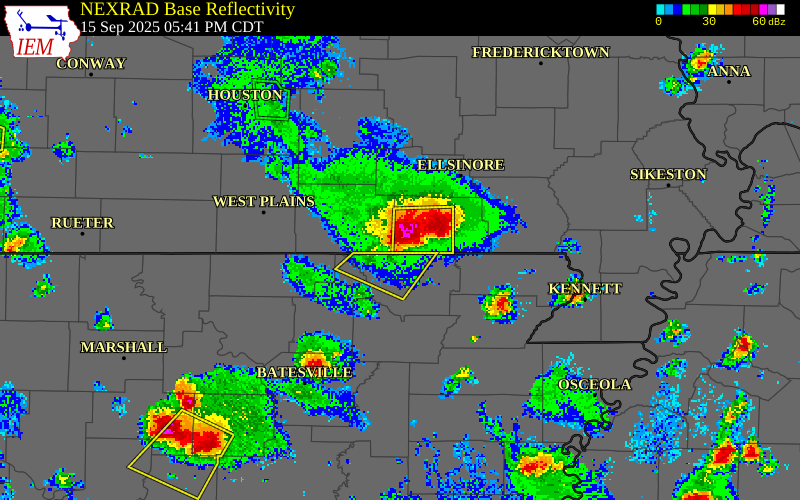 NEXRAD radar during the Monday, September 15, 2025 storm activity in Ripley County, Missouri