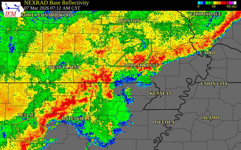 NEXRAD radar during the Saturday, March 7, 2026 storm activity in Ripley County, Missouri