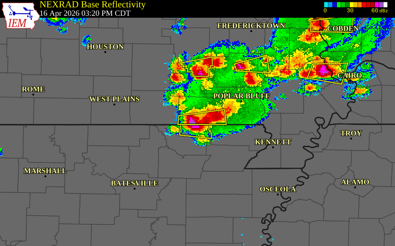 NEXRAD radar during the Thursday, April 16, 2026 storm activity in Ripley County, Missouri