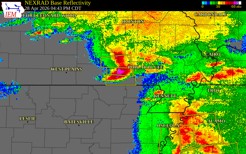 NEXRAD radar during the Tuesday, April 28, 2026 storm activity in Ripley County, Missouri