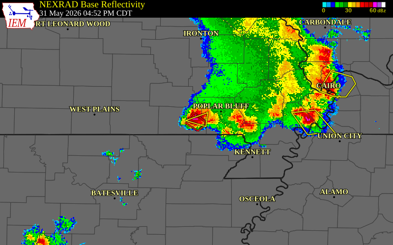 NEXRAD radar during the Sunday, May 31, 2026 storm activity in Ripley County, Missouri