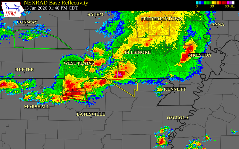 NEXRAD radar during the Saturday, June 13, 2026 storm activity in Ripley County, Missouri