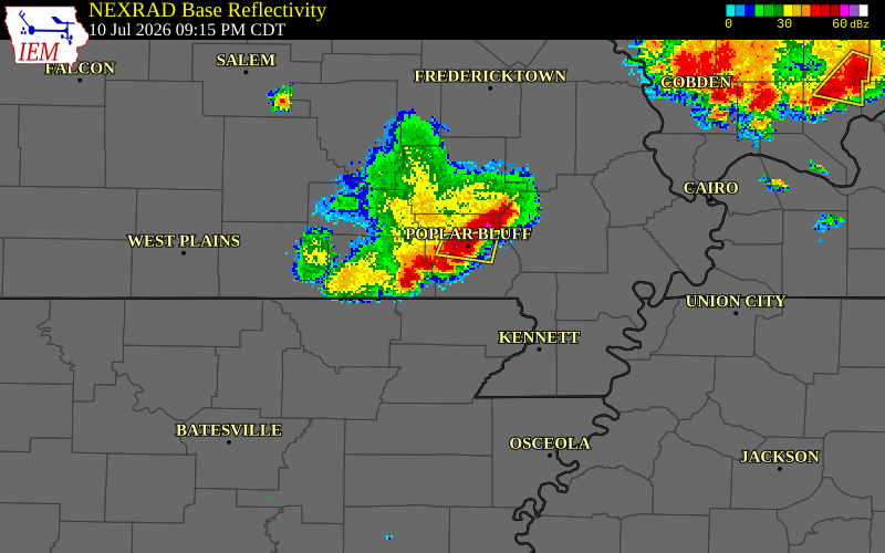 NEXRAD radar during the Friday, July 10, 2026 storm activity in Ripley County, Missouri