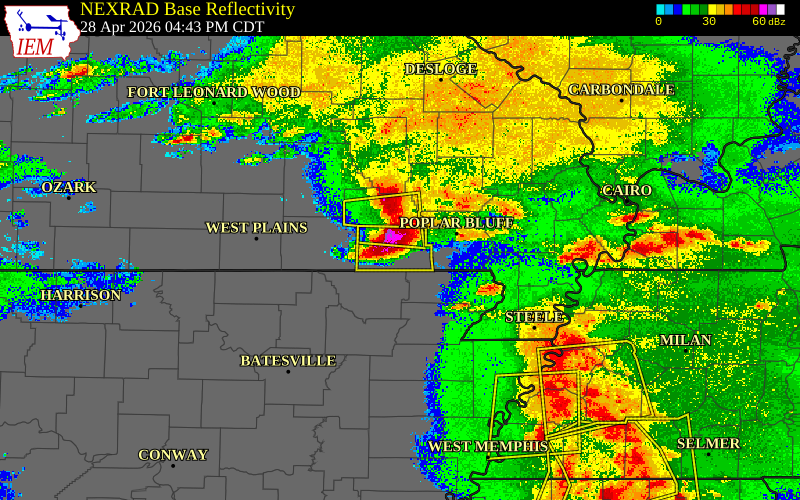 Radar snapshot during the Apr 28, 2026 hail event near 2 N Doniphan, Ripley County, Missouri, with NWS warning polygons