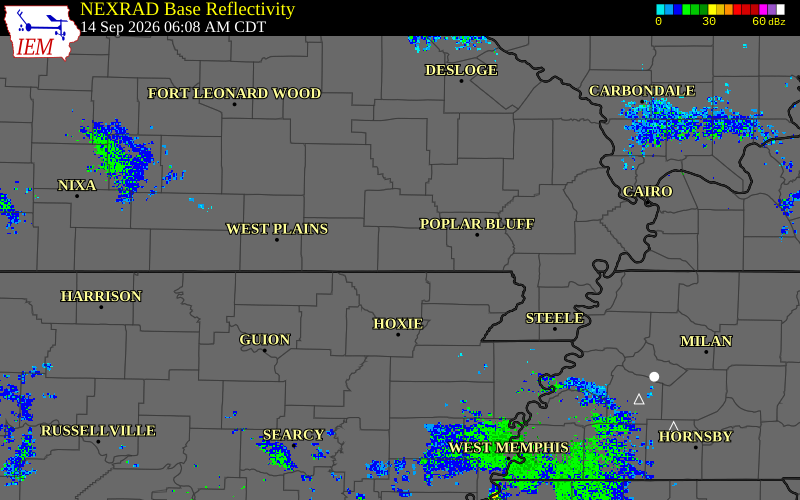 Current NEXRAD radar over Ripley County, Missouri with recent storm report locations