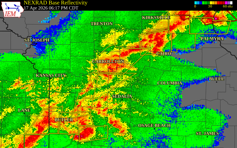 NEXRAD radar during the Friday, April 17, 2026 storm activity in Saline County, Missouri