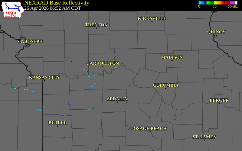 NEXRAD radar during the Sunday, April 26, 2026 storm activity in Saline County, Missouri