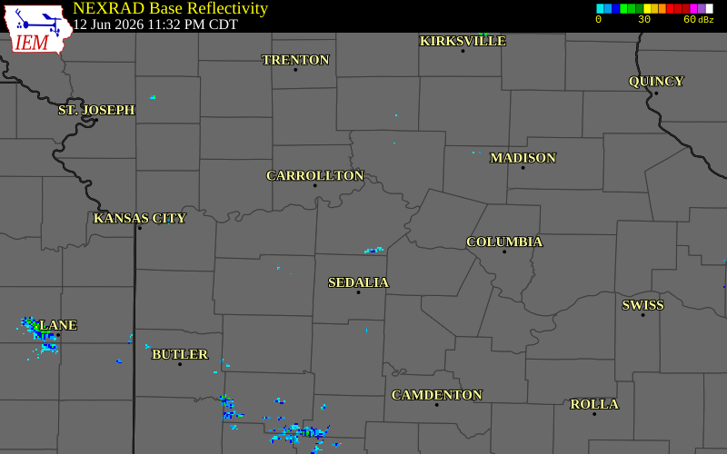 NEXRAD radar during the Friday, June 12, 2026 storm activity in Saline County, Missouri