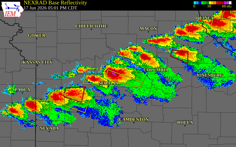 NEXRAD radar during the Wednesday, June 17, 2026 storm activity in Saline County, Missouri
