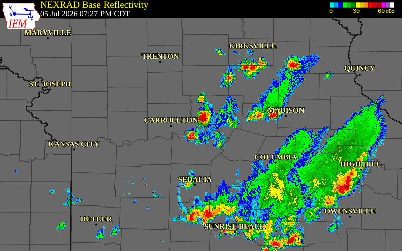 NEXRAD radar during the Sunday, July 5, 2026 storm activity in Saline County, Missouri