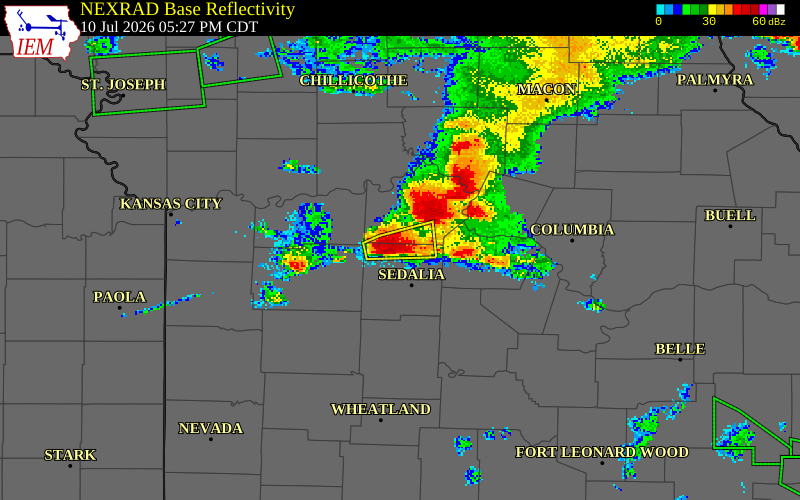 NEXRAD radar during the Friday, July 10, 2026 storm activity in Saline County, Missouri