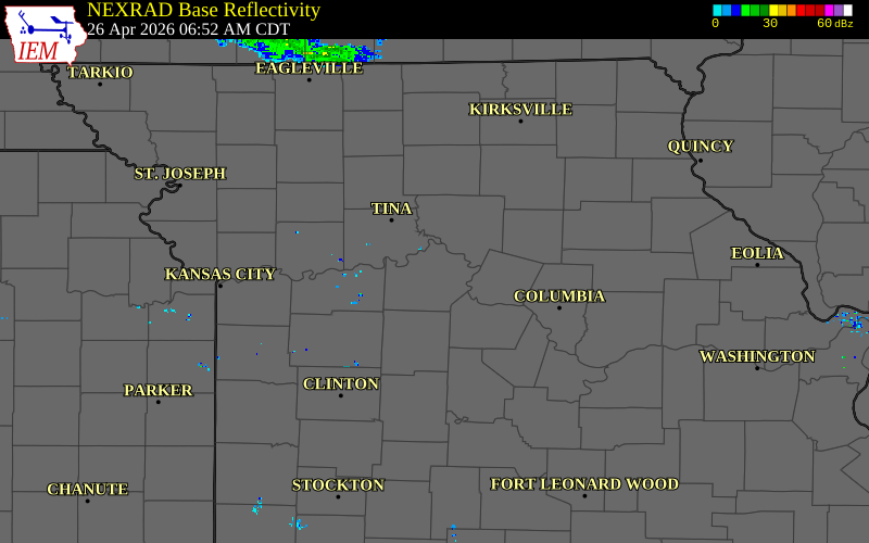 Radar snapshot during the Apr 26, 2026 tornado event near 5 W Slater, Saline County, Missouri, with NWS warning polygons