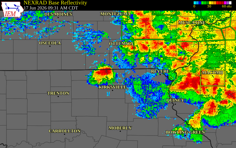 NEXRAD radar during the Wednesday, June 17, 2026 storm activity in Schuyler County, Missouri