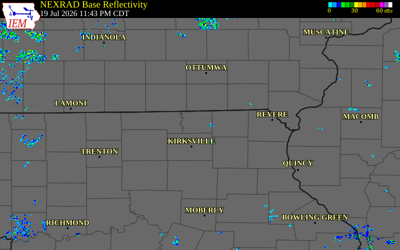 NEXRAD radar during the Sunday, July 19, 2026 storm activity in Schuyler County, Missouri