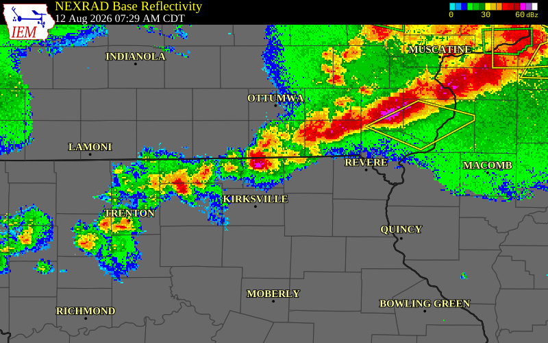 NEXRAD radar during the Wednesday, August 12, 2026 storm activity in Schuyler County, Missouri