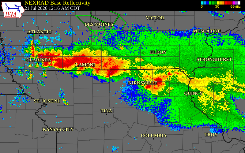 Radar snapshot during the Jul 21, 2026 wind event near Schuyler County, Schuyler County, Missouri, with NWS warning polygons