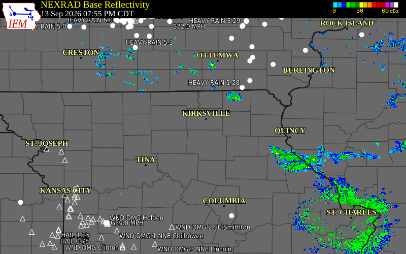 Current NEXRAD radar over Schuyler County, Missouri with recent storm report locations