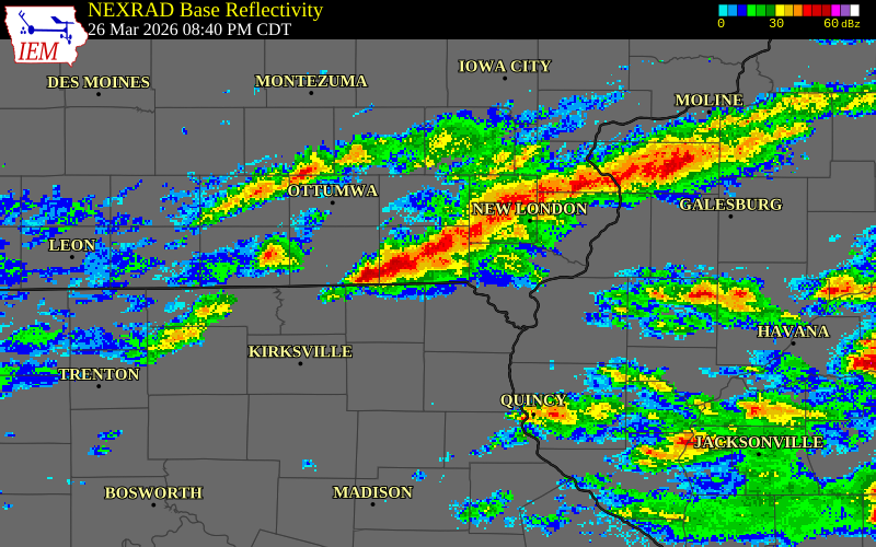 NEXRAD radar during the Thursday, March 26, 2026 storm activity in Scotland County, Missouri