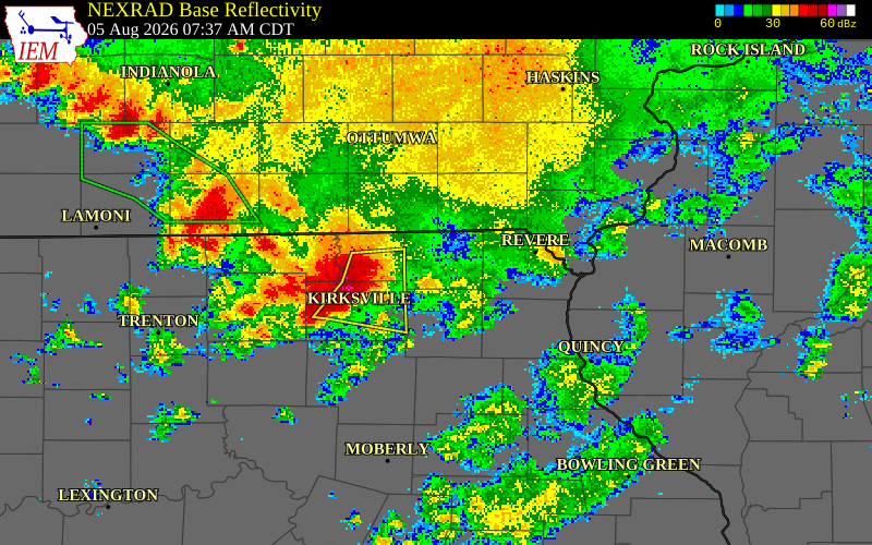 NEXRAD radar during the Wednesday, August 5, 2026 storm activity in Scotland County, Missouri