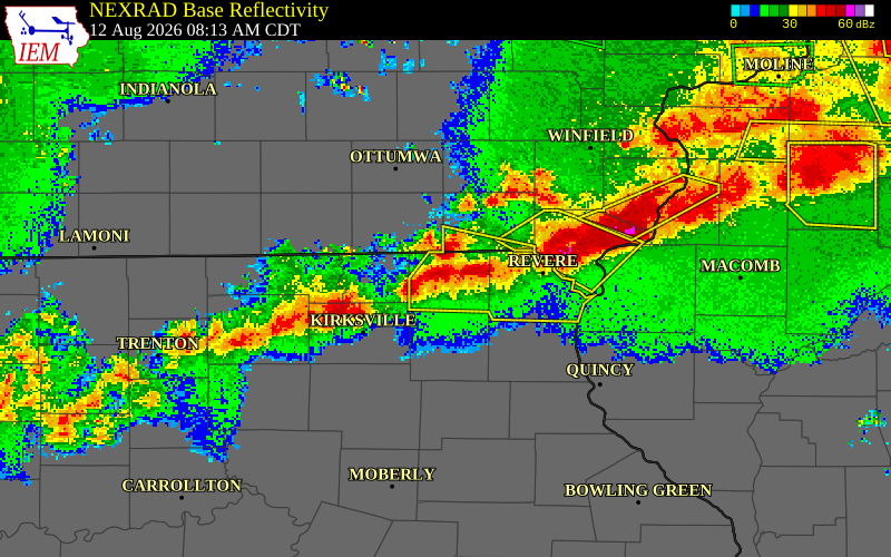 NEXRAD radar during the Wednesday, August 12, 2026 storm activity in Scotland County, Missouri