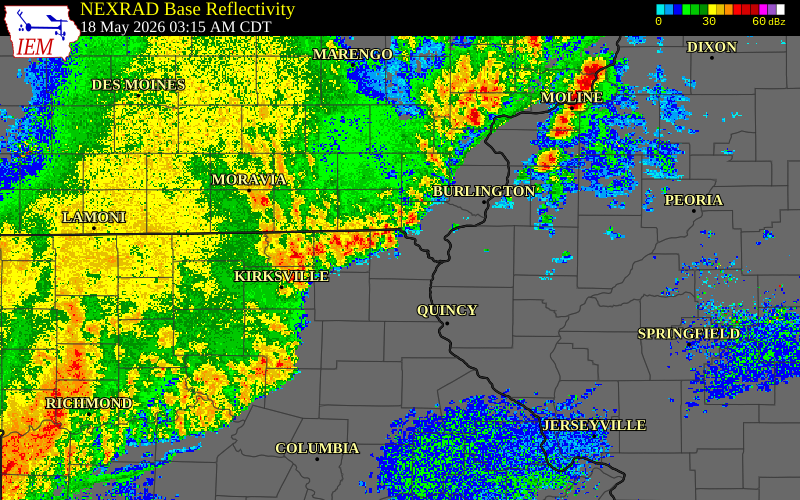Radar snapshot during the May 18, 2026 wind event near Scotland County, Scotland County, Missouri, with NWS warning polygons