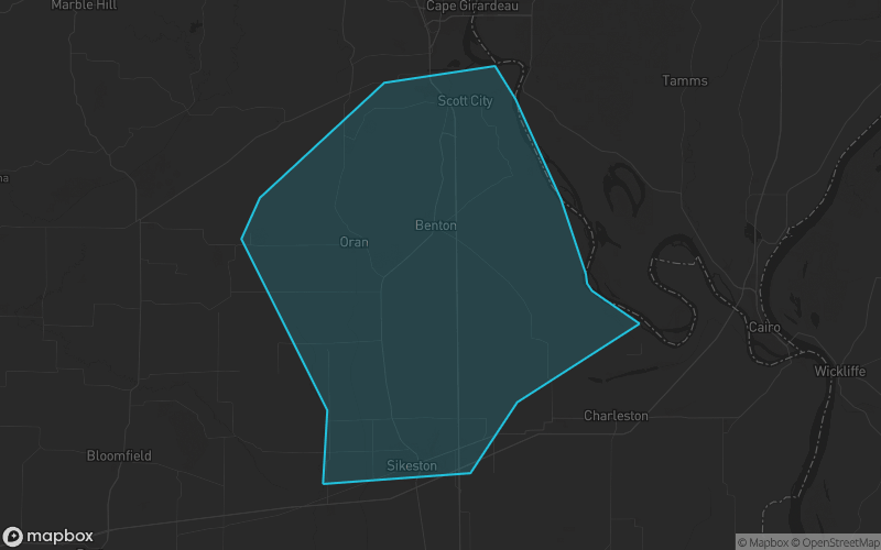 Map of Scott County, Missouri showing the county boundary and surrounding cities