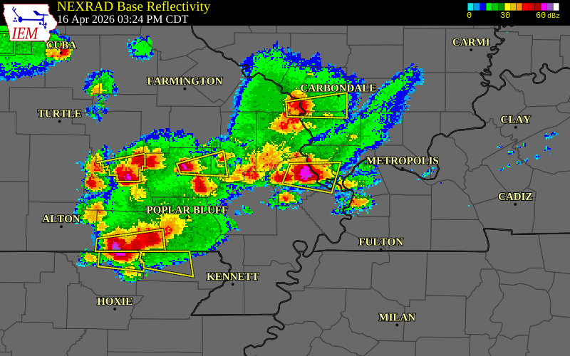 NEXRAD radar during the Thursday, April 16, 2026 storm activity in Scott County, Missouri