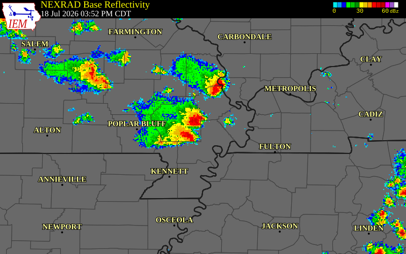 NEXRAD radar during the Saturday, July 18, 2026 storm activity in Scott County, Missouri