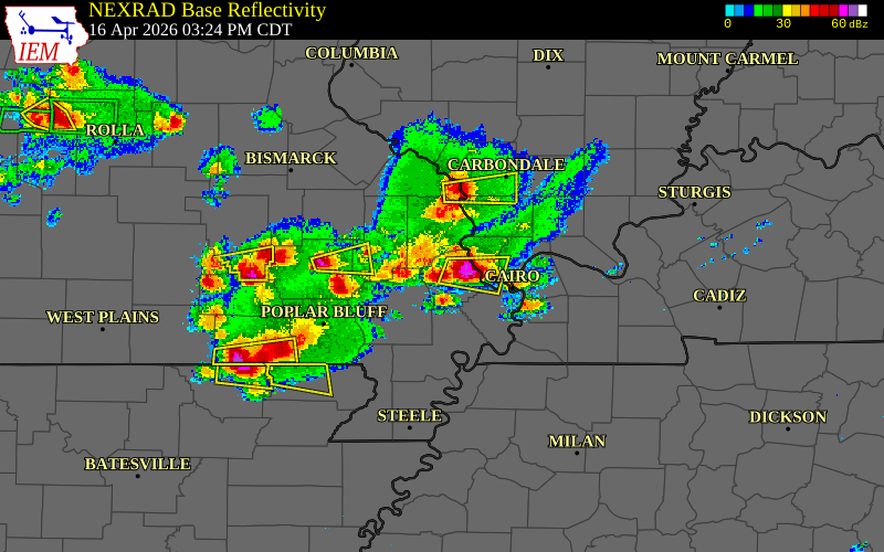 Radar snapshot during the Apr 16, 2026 hail event near 1 ESE Oran, Scott County, Missouri, with NWS warning polygons