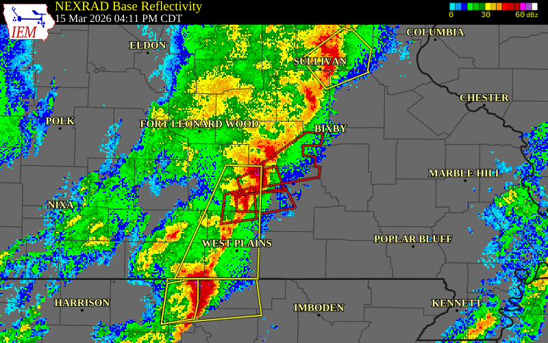 NEXRAD radar during the Sunday, March 15, 2026 storm activity in Shannon County, Missouri