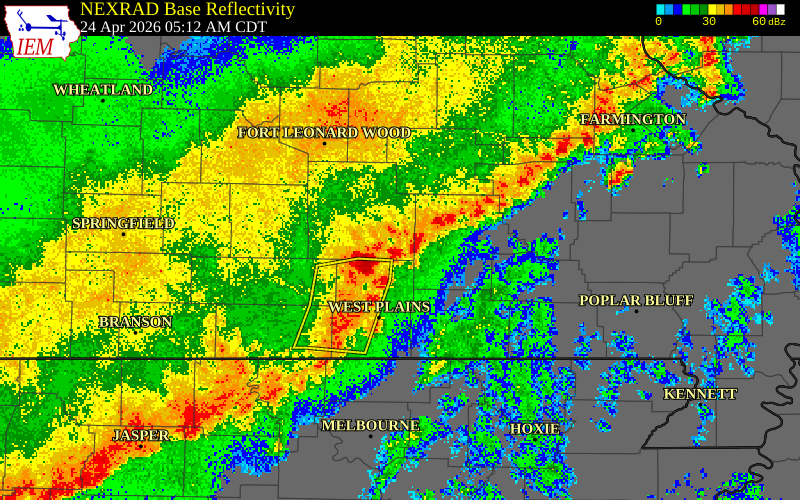 NEXRAD radar during the Friday, April 24, 2026 storm activity in Shannon County, Missouri