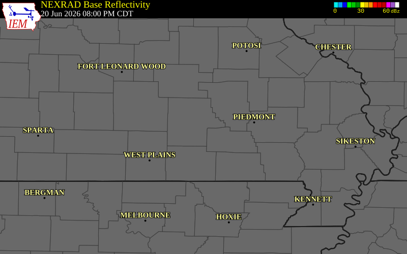 NEXRAD radar during the Saturday, June 20, 2026 storm activity in Shannon County, Missouri