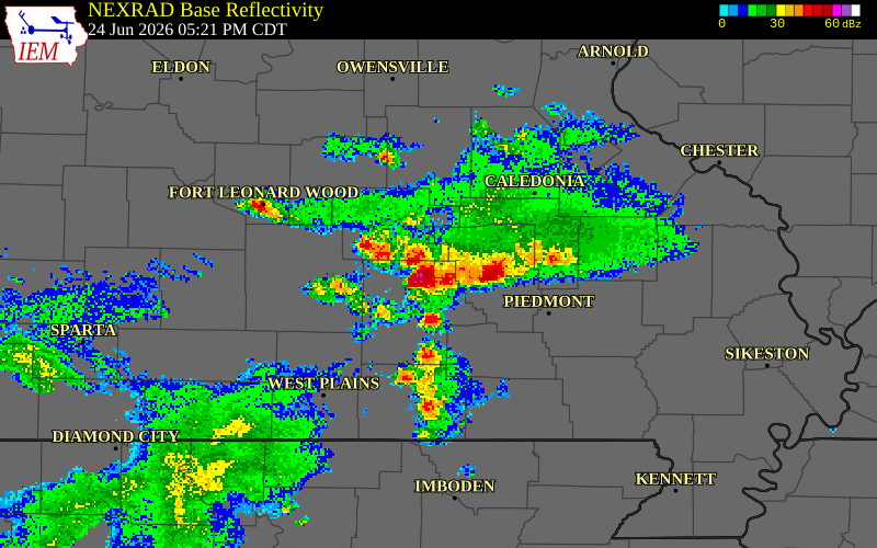 NEXRAD radar during the Wednesday, June 24, 2026 storm activity in Shannon County, Missouri